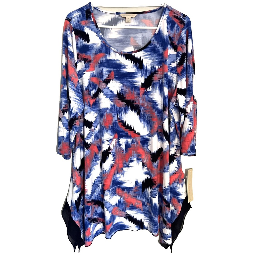 Laura Ashley Shirt Womens 2X Red Blue Abstract Print Asymmetrical Tunic Top NWT